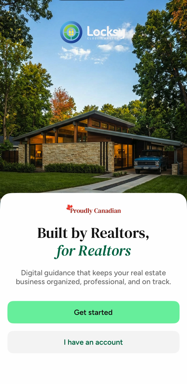 Locksy welcome screen reading Built by Realtors, for Realtors, with a Proudly Canadian badge.