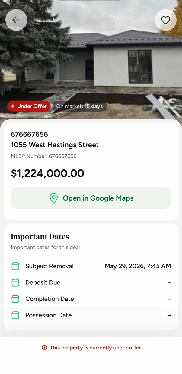 A Locksy property screen showing the address, price, important dates, the listing agent and a book showing button.